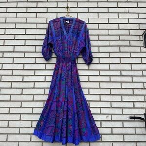 1980’s Rare Vintage Diane Freis Silk Dolman V-Neck Godet Dress Purple Abstract